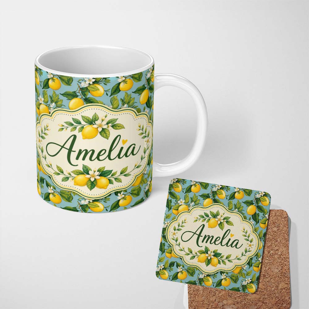 Personalized Custom Name Vintage Lemon Tree Branches on Blue Background Botanical Seamless 11oz Ceramic Coffee Tea Mug White Large Handle
