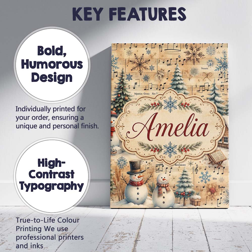 Personalised Name Winter Snowman Christmas Custom Unique Gift Idea Elegant Feature Canvas Wall Art Print Decor Picture Ready to Hang