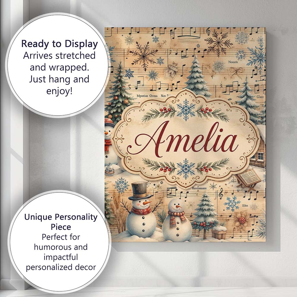 Personalised Name Winter Snowman Christmas Custom Unique Gift Idea Elegant Feature Canvas Wall Art Print Decor Picture Ready to Hang