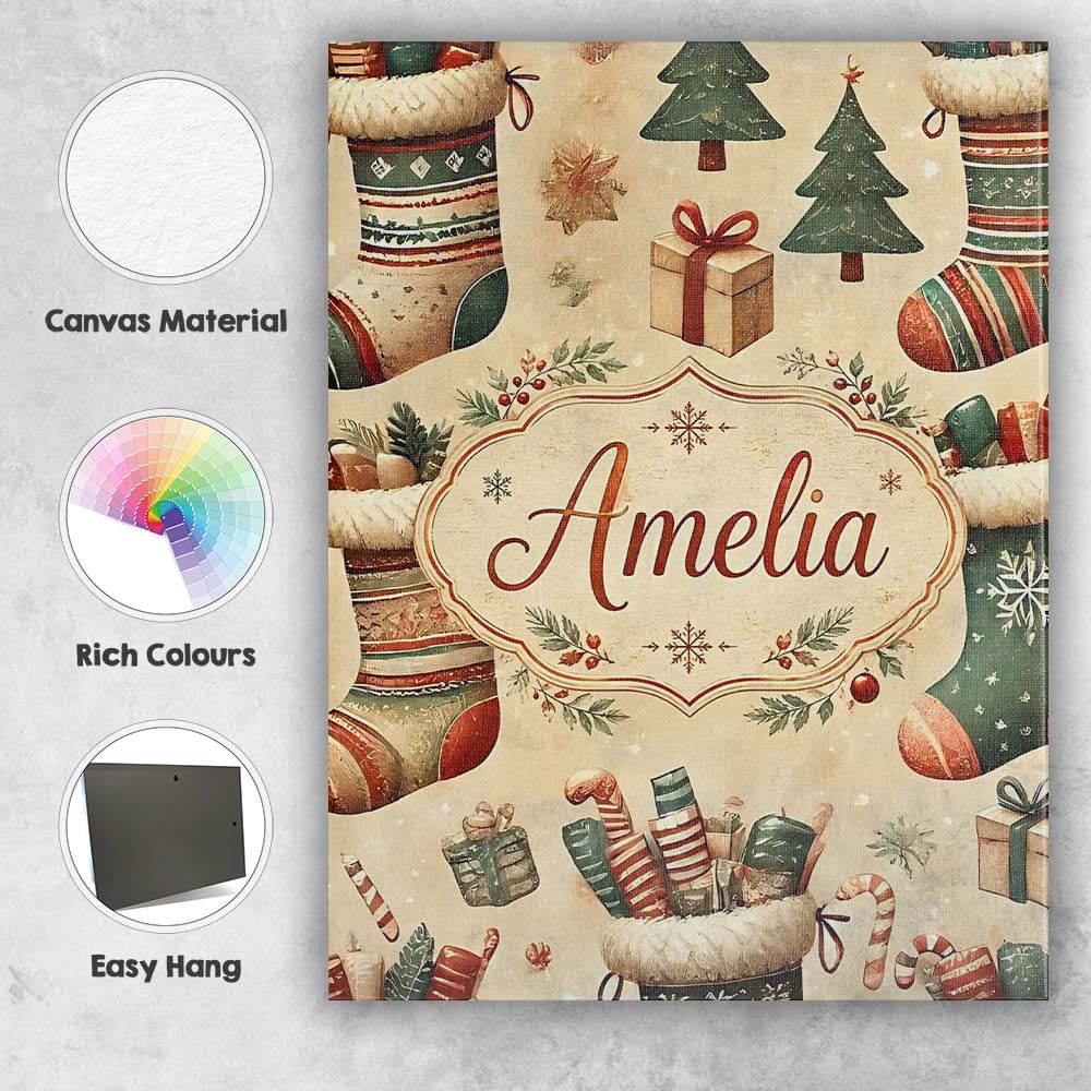 Personalised Name Cozy Christmas Stockings Custom Unique Gift Idea Elegant Feature Canvas Wall Art Print Decor Picture Ready to Hang