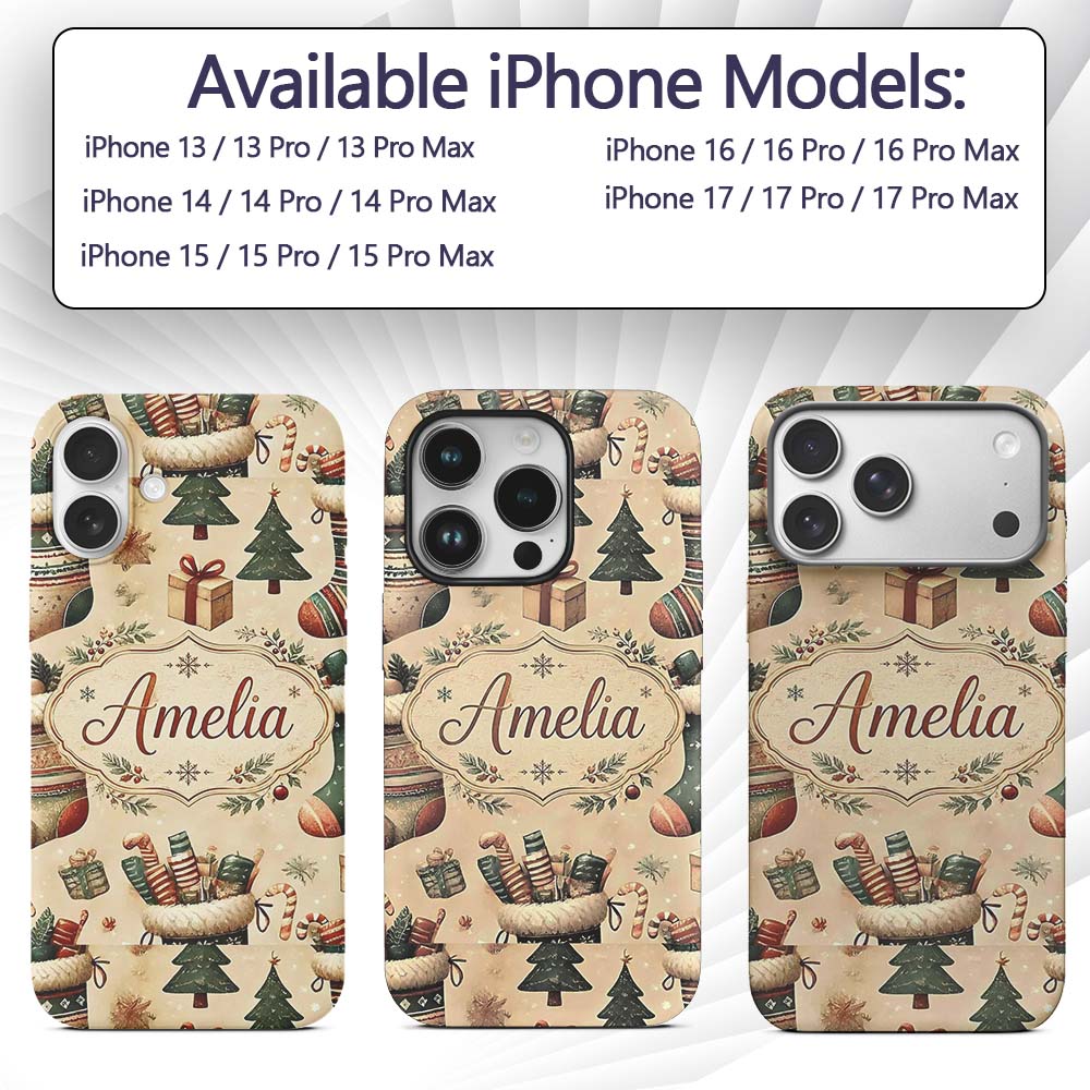 Cozy Christmas Stockings Gifts Printed Design Custom Name Protective Phone Case Mobile Cover Durable Everyday Smartphone Shock Resistant
