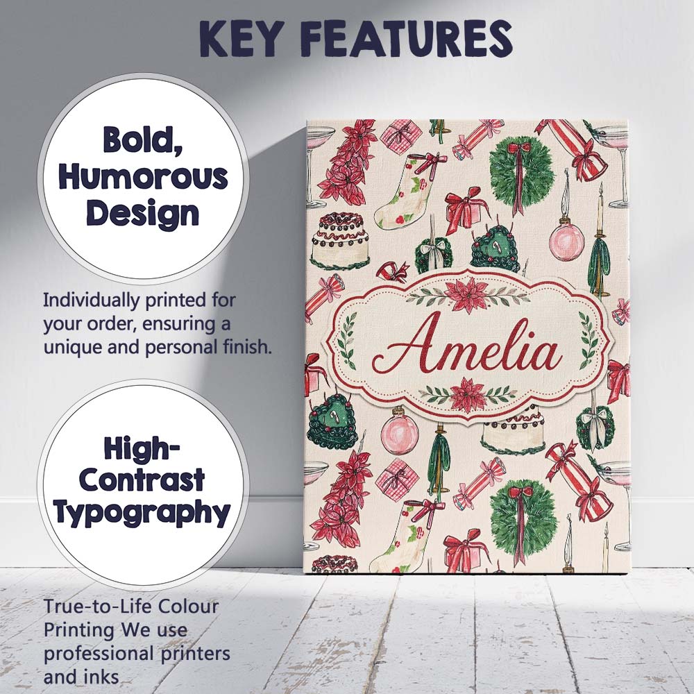 Personalised Name Festive Holiday Cakes Custom Modern Room Accent Elegant Feature Canvas Wall Art Print Decor Picture Ready to Hang