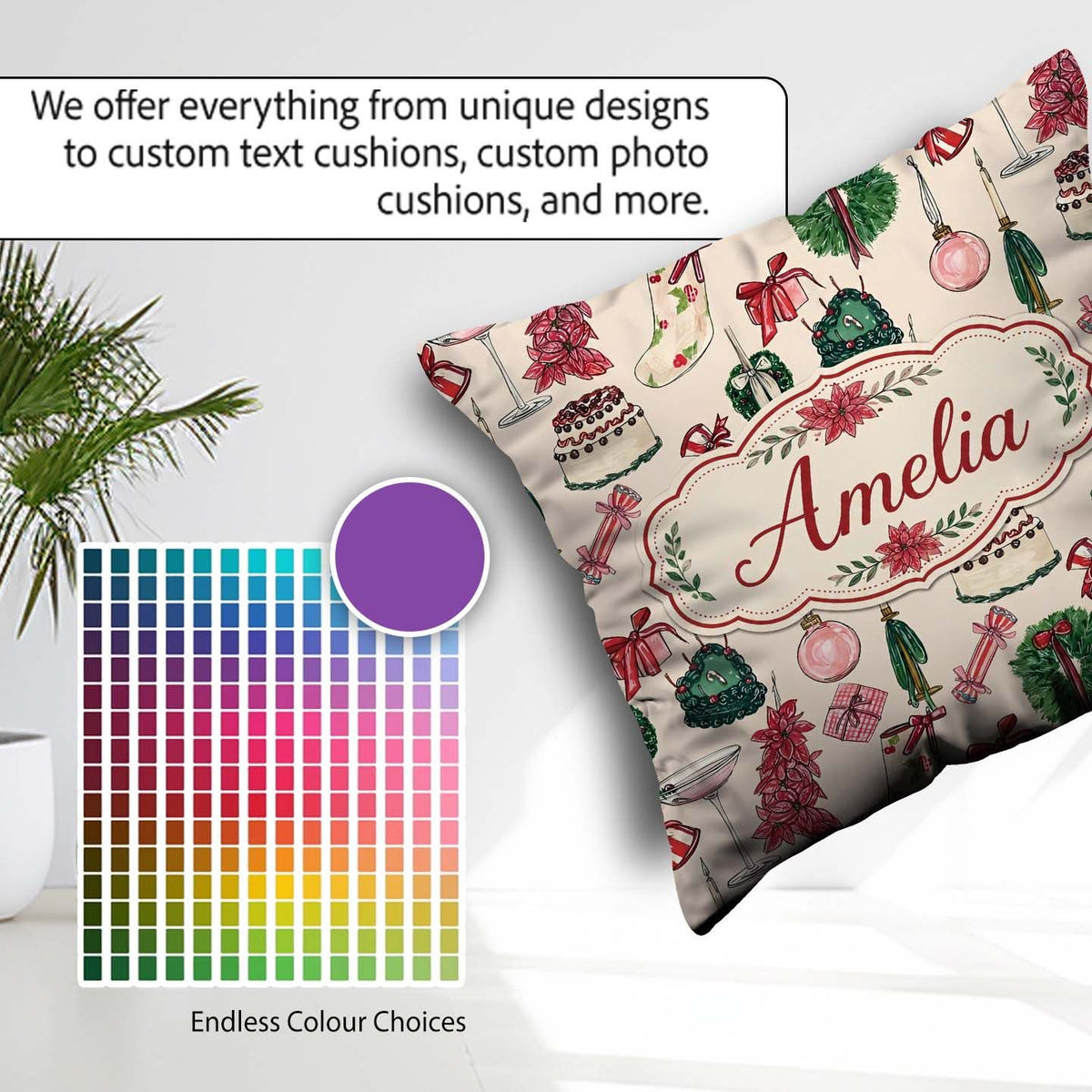Custom Name Festive Holiday Cakes Wreaths Candles Gifts Seamless Square Filled Cushion Throw Pillow Sofa Bed Home Decor Zip Washable UK Made