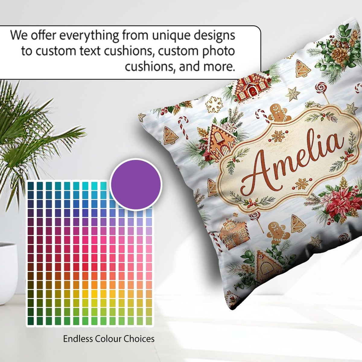 Custom Name Gingerbread Houses Candy Canes Winter Treats Pattern Square Filled Cushion Throw Pillow Sofa Bed Home Decor Zip Washable UK Made