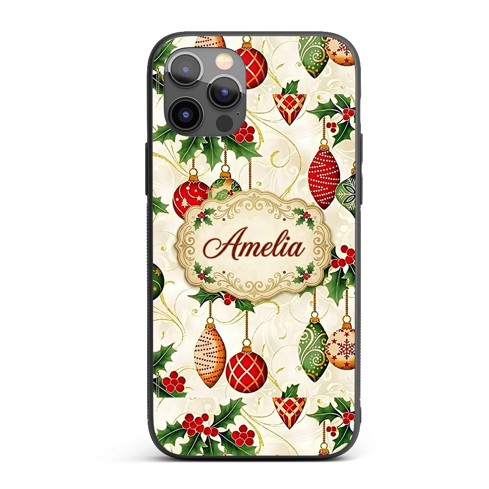Elegant Holly Leaves Red Green Baubles Seamless Custom Name Protective Phone Case Mobile Cover Durable Everyday Smartphone Shock Resistant