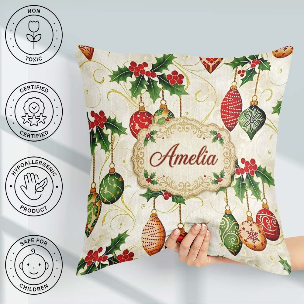 Custom Name Elegant Holly Leaves Green Baubles Seamless Pattern Square Filled Cushion Throw Pillow Sofa Bed Home Decor Zip Washable UK Made