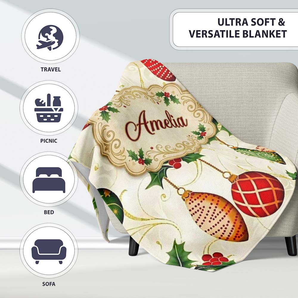 Elegant Holly Leaves Red Green Baubles Seamless Pattern Lovely Personalised Custom Name Super Soft Fleece Blanket Bed Sofa Throw