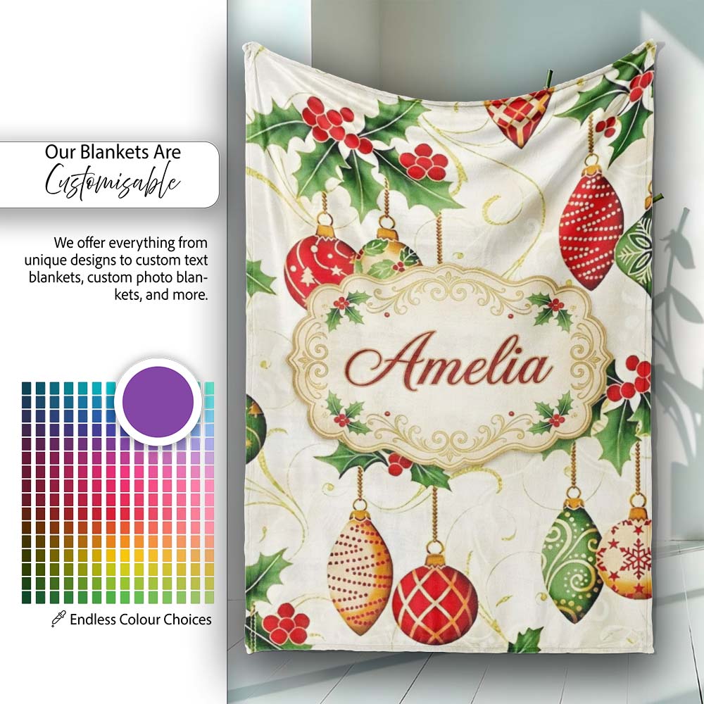 Elegant Holly Leaves Red Green Baubles Seamless Pattern Lovely Personalised Custom Name Super Soft Fleece Blanket Bed Sofa Throw