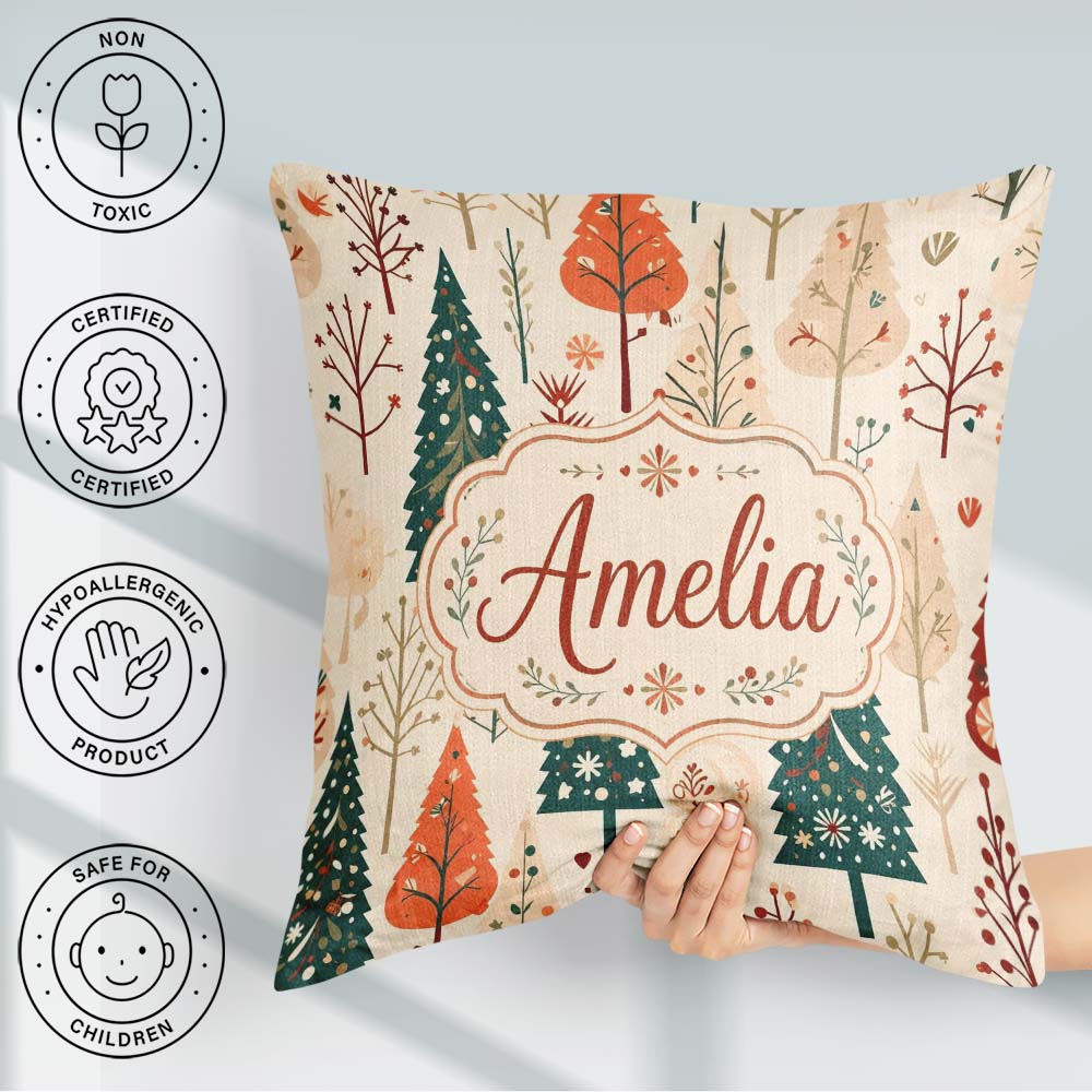 Custom Name Style Christmas Trees Forest Seamless Pattern Lovely Square Filled Cushion Throw Pillow Sofa Bed Home Decor Zip Washable UK Made