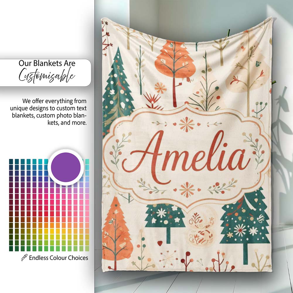 Scandinavian Style Christmas Trees Forest Seamless Pattern Lovely Personalised Custom Name Super Soft Fleece Blanket Bed Sofa Throw