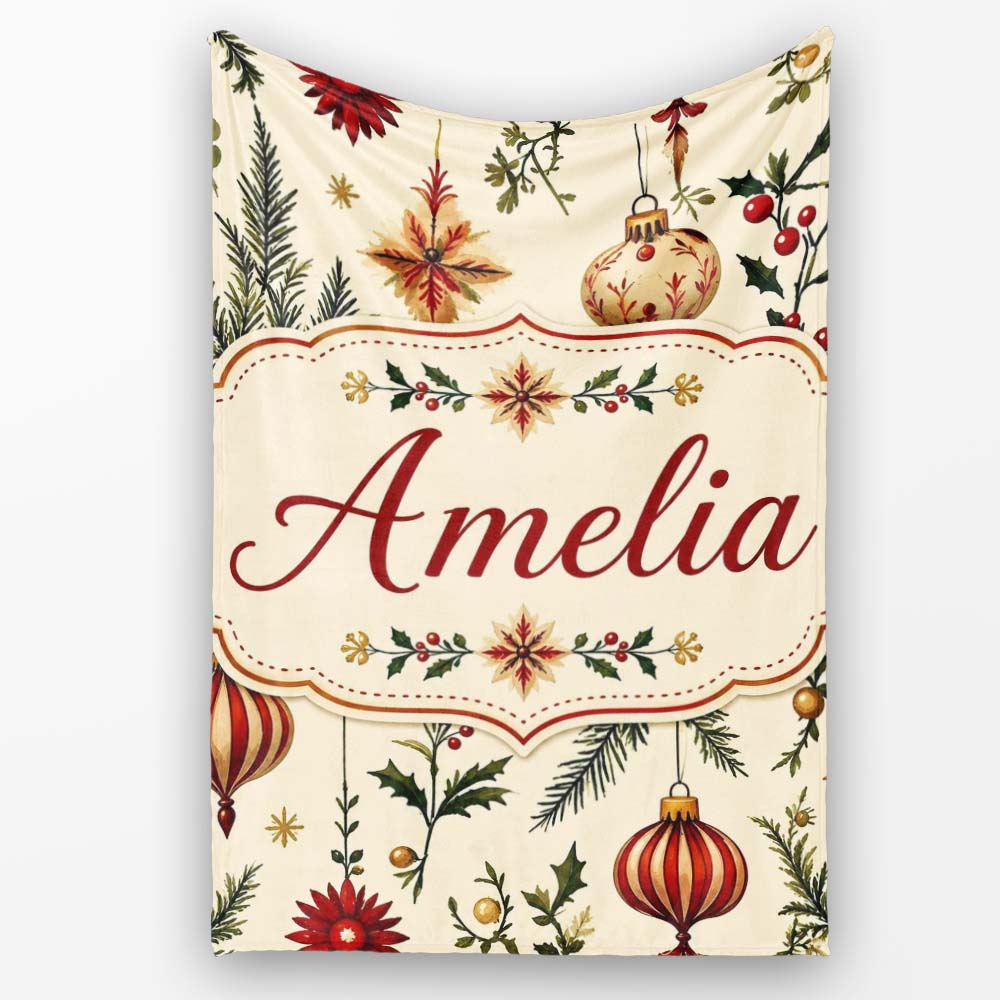 Elegant Christmas Baubles Holly Berry Botanical Seamless Pattern Personalised Custom Name Super Soft Fleece Blanket Bed Sofa Throw