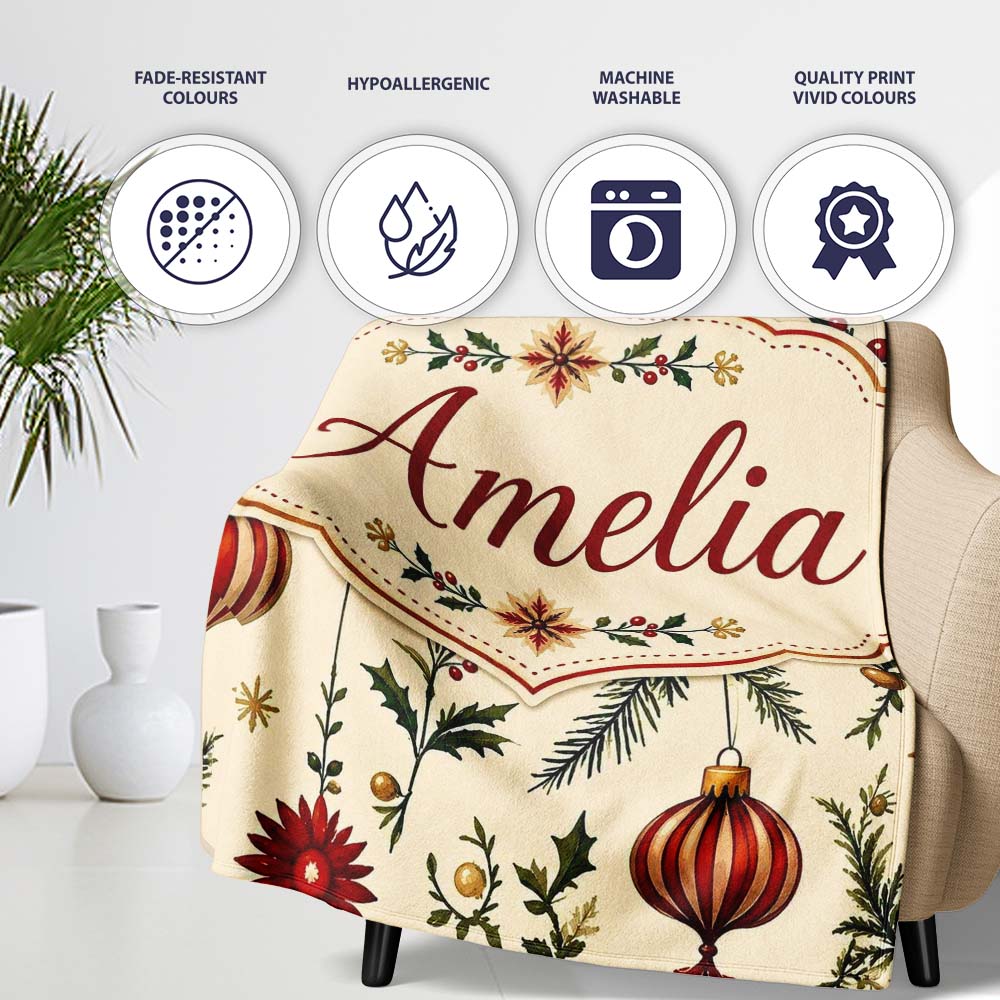 Elegant Christmas Baubles Holly Berry Botanical Seamless Pattern Personalised Custom Name Super Soft Fleece Blanket Bed Sofa Throw