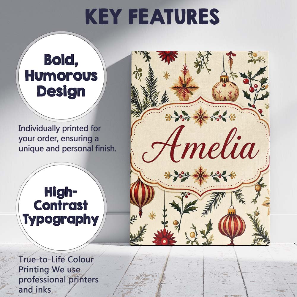 Personalised Name Elegant Christmas Baubles Custom Bespoke Interior Contemporary Canvas Wall Art Print Decor Picture Ready to Hang