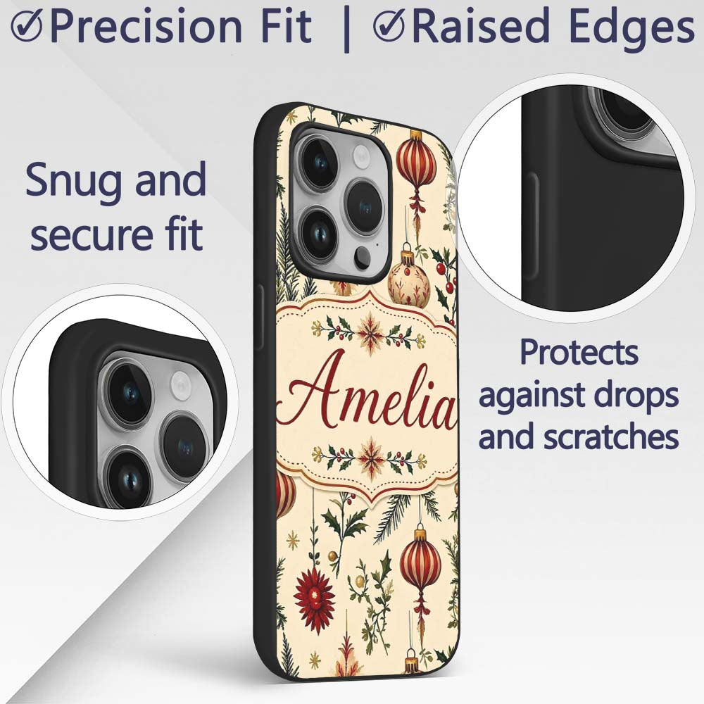 Elegant Christmas Baubles Holly Berry Botanical Custom Name Protective Phone Case Mobile Cover Durable Everyday Smartphone Shock Resistant