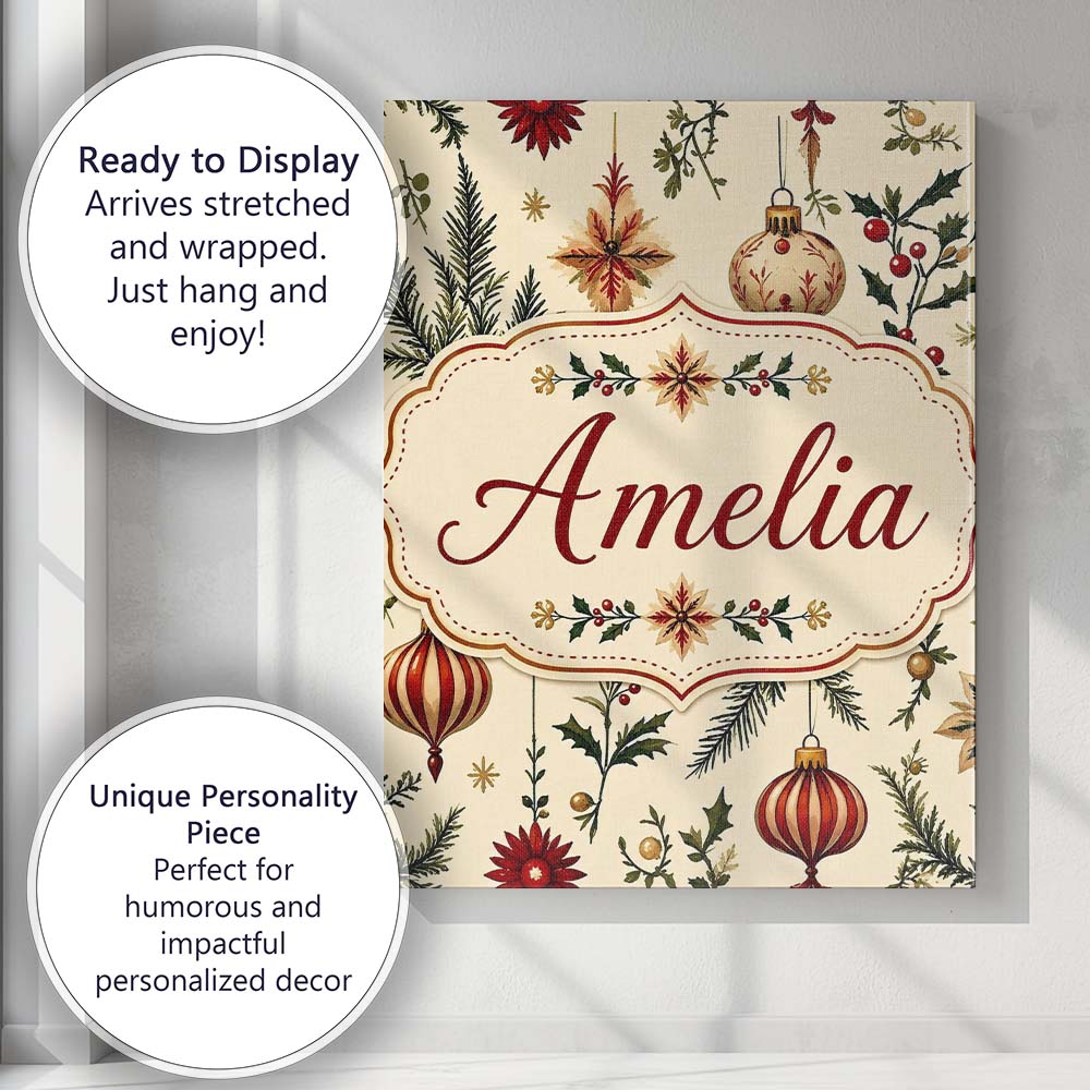 Personalised Name Elegant Christmas Baubles Custom Bespoke Interior Contemporary Canvas Wall Art Print Decor Picture Ready to Hang