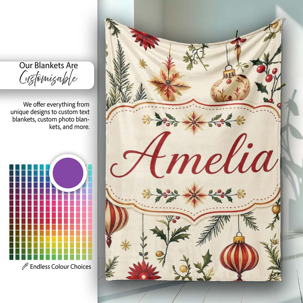Elegant Christmas Baubles Holly Berry Botanical Seamless Pattern Personalised Custom Name Super Soft Fleece Blanket Bed Sofa Throw