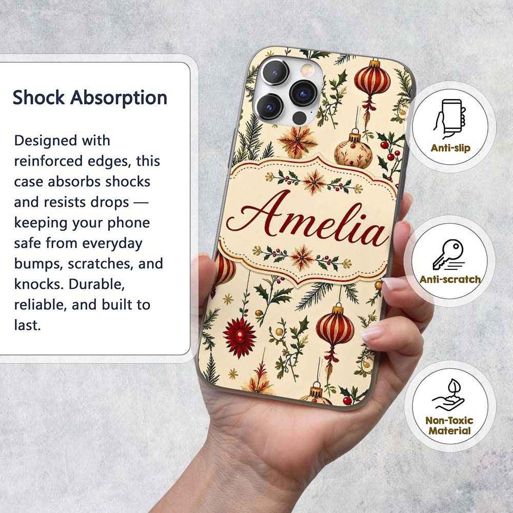 Elegant Christmas Baubles Holly Berry Botanical Custom Name Protective Phone Case Mobile Cover Durable Everyday Smartphone Shock Resistant