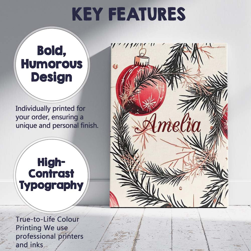Personalised Name Red Christmas Baubles Custom Modern Room Accent Elegant Feature Canvas Wall Art Print Decor Picture Ready to Hang