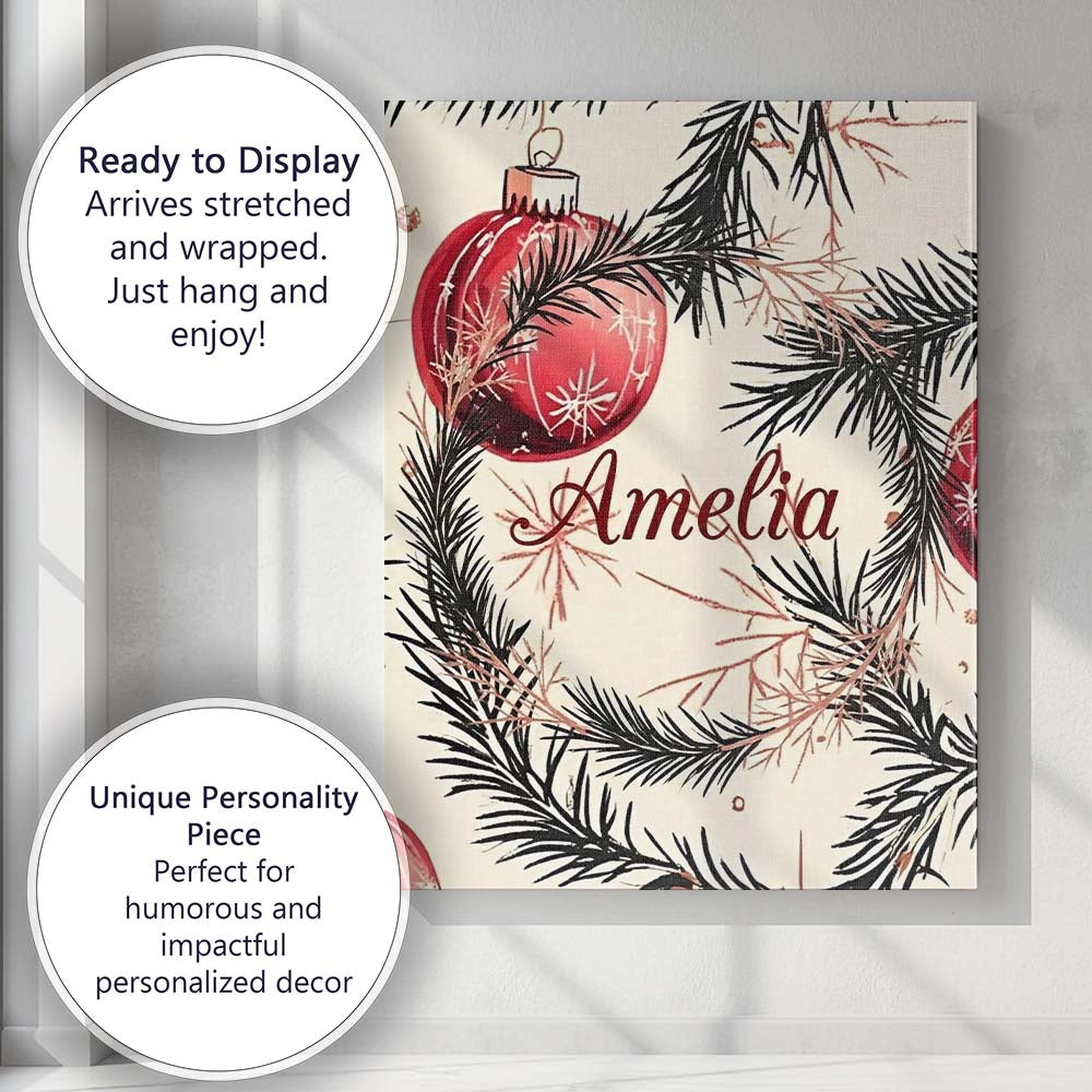 Personalised Name Red Christmas Baubles Custom Modern Room Accent Elegant Feature Canvas Wall Art Print Decor Picture Ready to Hang