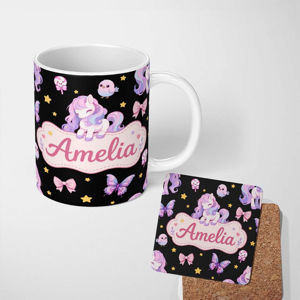 Personalized Custom Name Cute Pastel Unicorn Butterfly Candy Stars Black Background Seamless 11oz Ceramic Coffee Tea Mug White Large Handle