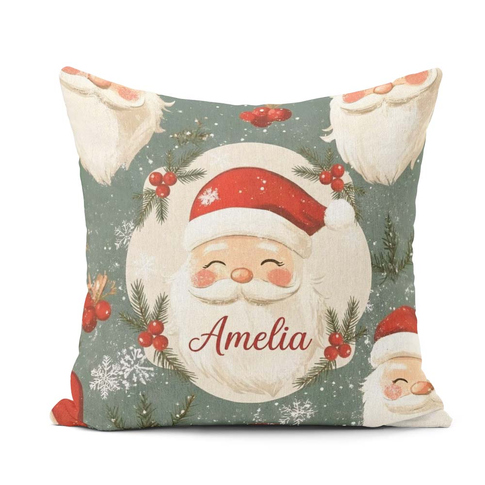 Custom Name Santa Claus Face Snowflakes Festive Seamless Pattern Square Filled Cushion Throw Pillow Sofa Bed Home Decor Zip Washable UK Made