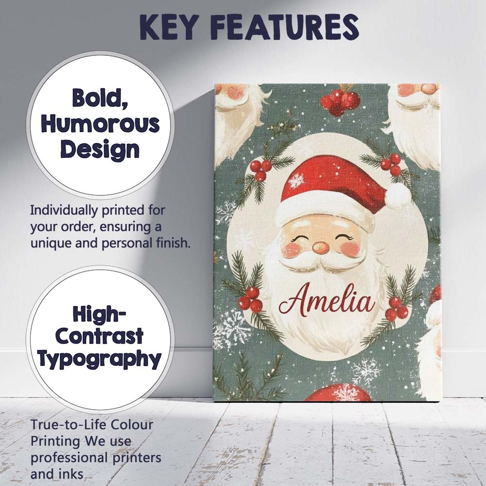 Personalised Name Cute Santa Claus Face Custom Modern Room Accent Elegant Feature Canvas Wall Art Print Decor Picture Ready to Hang