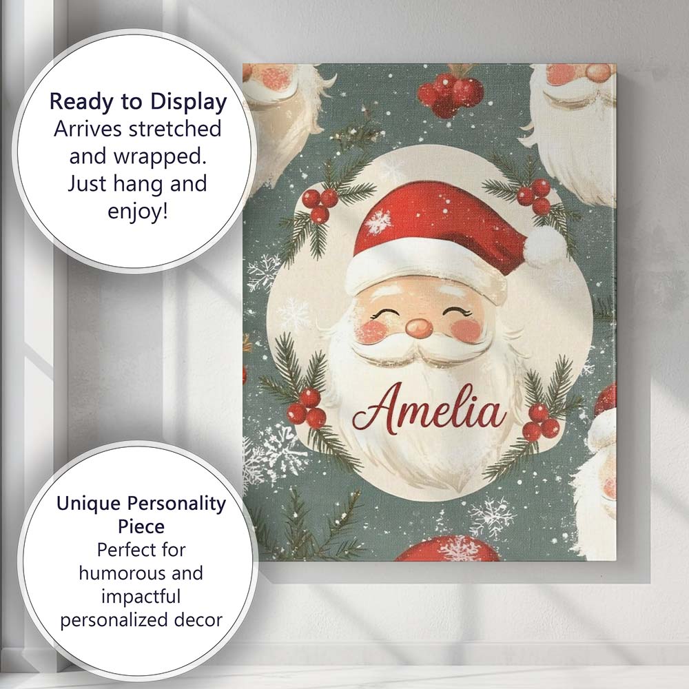 Personalised Name Cute Santa Claus Face Custom Modern Room Accent Elegant Feature Canvas Wall Art Print Decor Picture Ready to Hang