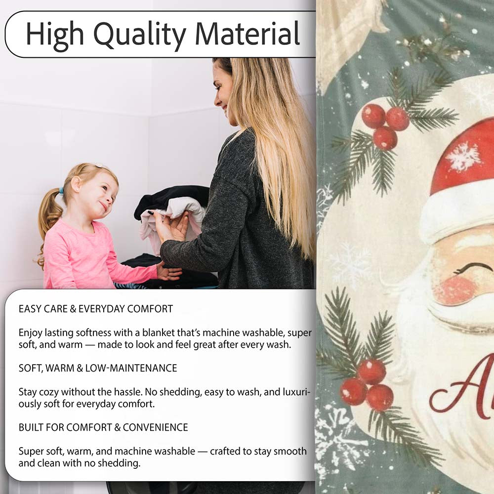 Cute Santa Claus Face Snowflakes Festive Seamless Pattern Lovely Personalised Custom Name Super Soft Fleece Blanket Bed Sofa Throw