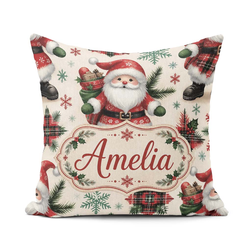 Custom Name Santa Character Gifts Snowflakes Seamless Pattern Square Filled Cushion Throw Pillow Sofa Bed Home Decor Zip Washable UK Made