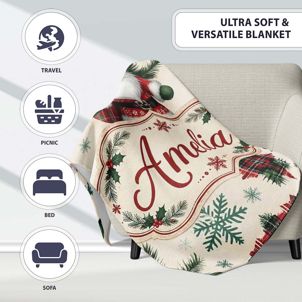 Cute Santa Character Gifts Snowflakes Seamless Pattern Lovely Personalised Custom Name Super Soft Fleece Blanket Bed Sofa Throw