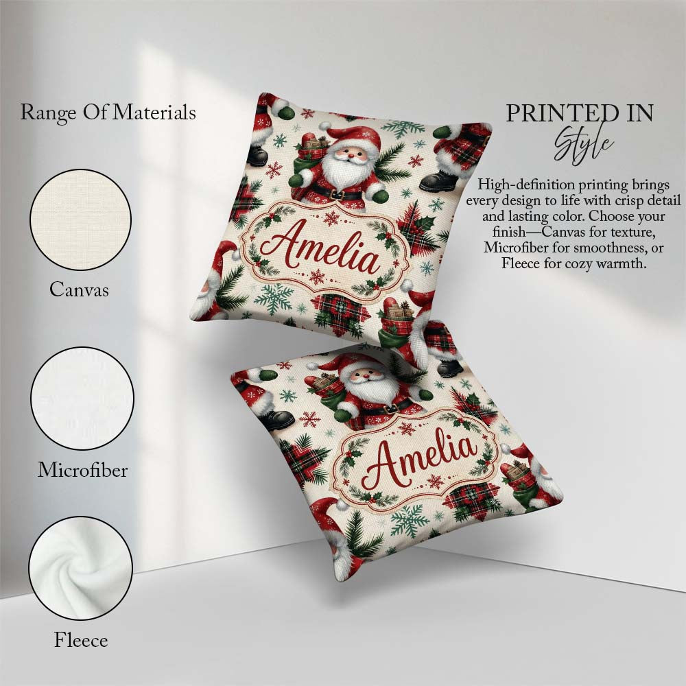 Custom Name Santa Character Gifts Snowflakes Seamless Pattern Square Filled Cushion Throw Pillow Sofa Bed Home Decor Zip Washable UK Made