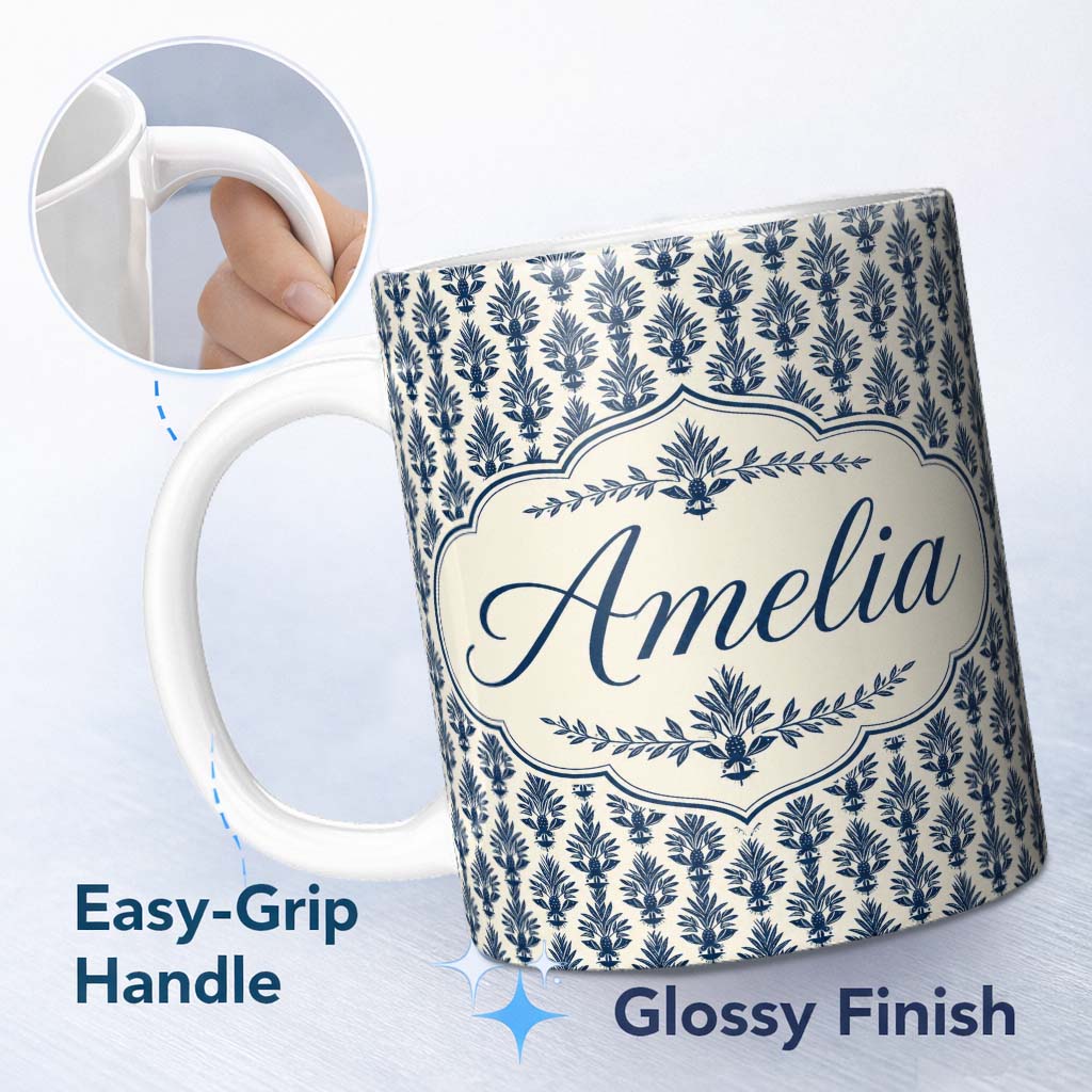 Personalized Custom Name Navy Blue Pineapple Folk Art Style Seamless Pattern Cute Unique Gift 11oz Ceramic Coffee Tea Mug White Large Handle