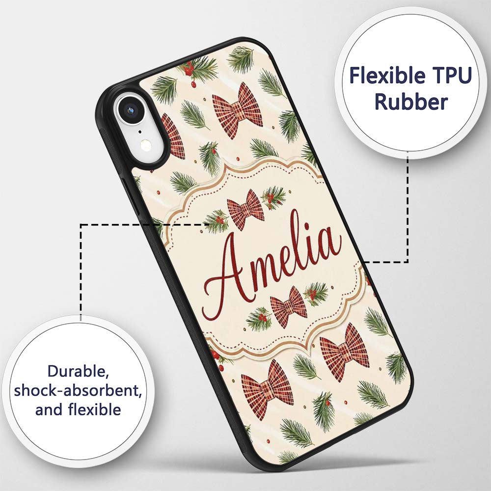 Christmas Pine Branch Bows Rustic Printed Design Custom Name Protective Phone Case Mobile Cover Durable Everyday Smartphone Shock Resistant