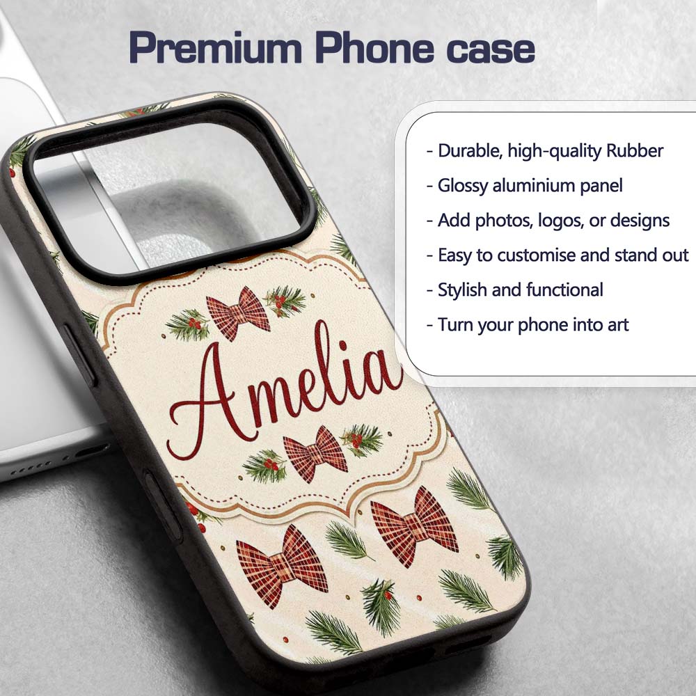 Christmas Pine Branch Bows Rustic Printed Design Custom Name Protective Phone Case Mobile Cover Durable Everyday Smartphone Shock Resistant