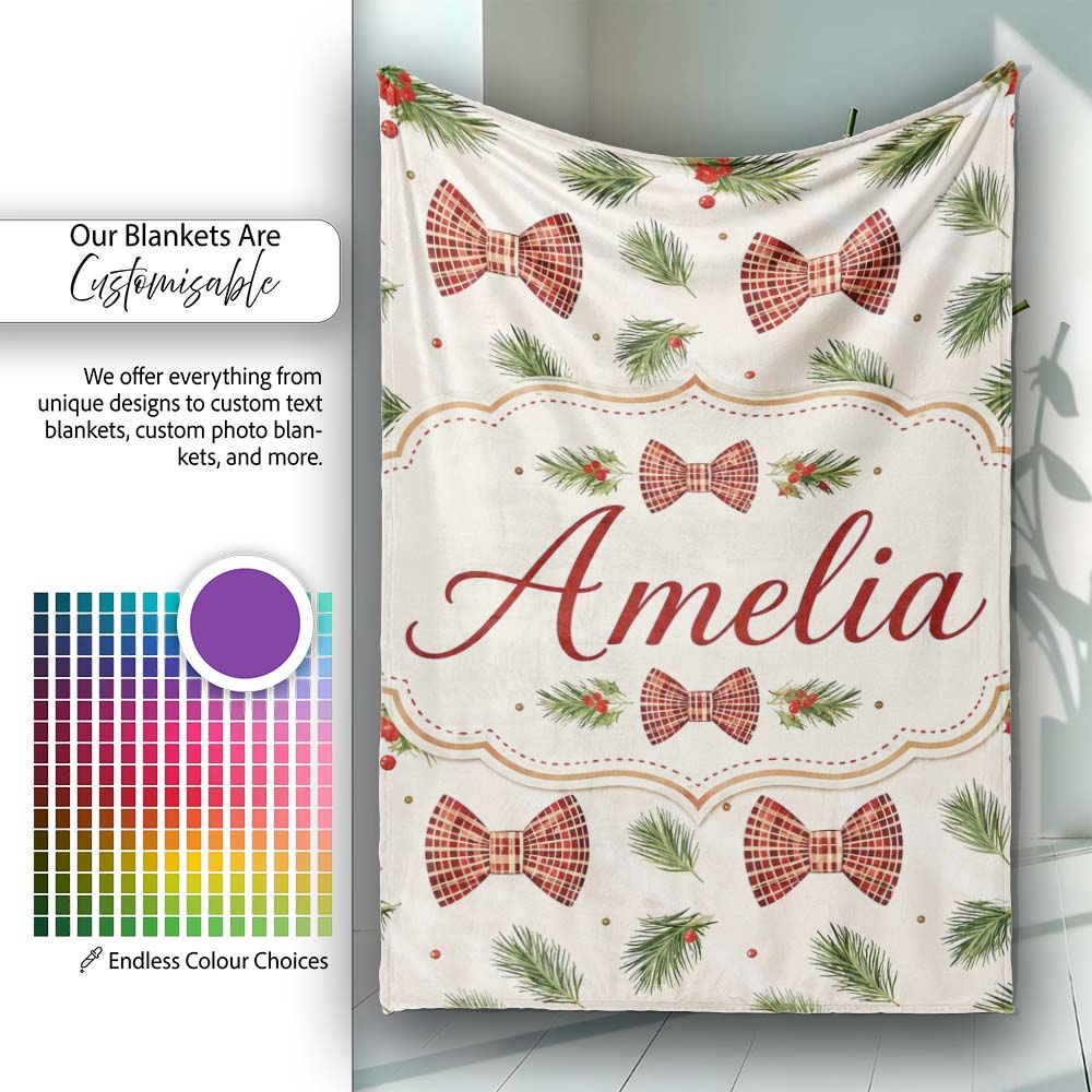 Christmas Pine Branch Bows Rustic Holiday Seamless Pattern Lovely Personalised Custom Name Super Soft Fleece Blanket Bed Sofa Throw