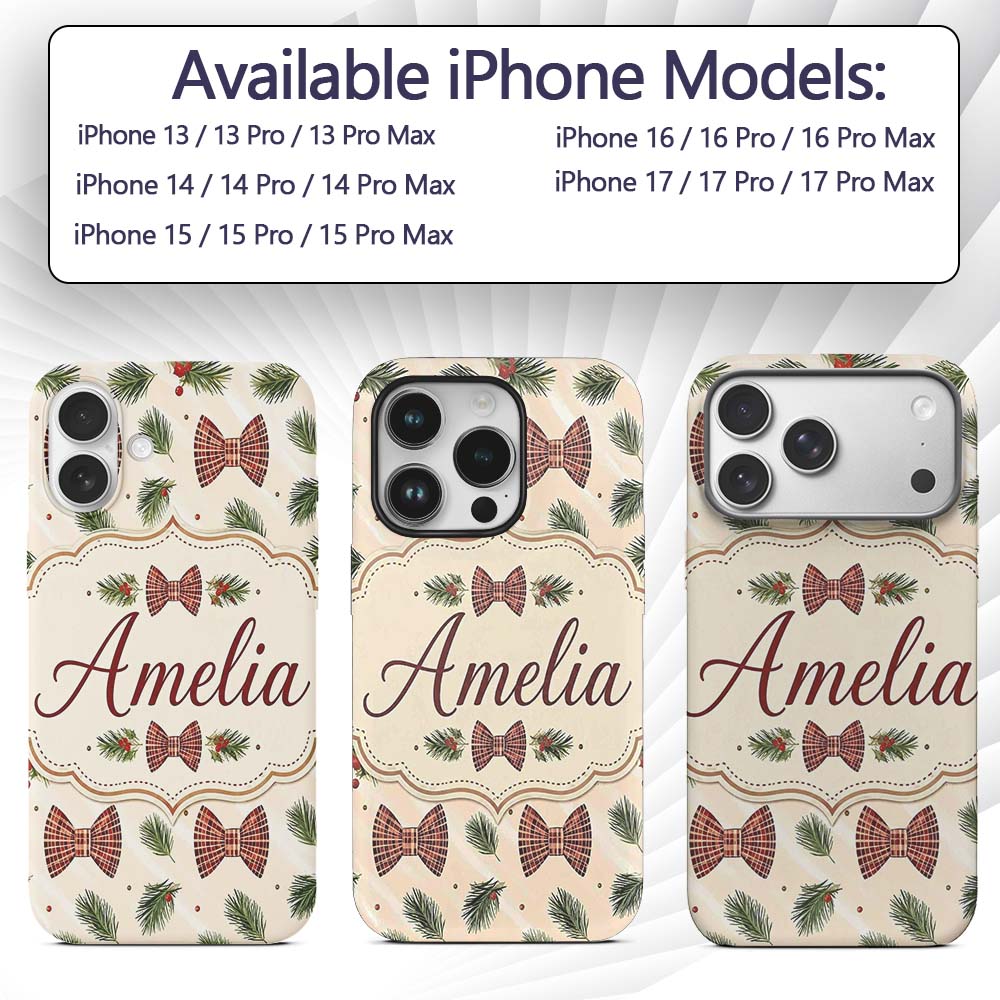 Christmas Pine Branch Bows Rustic Printed Design Custom Name Protective Phone Case Mobile Cover Durable Everyday Smartphone Shock Resistant