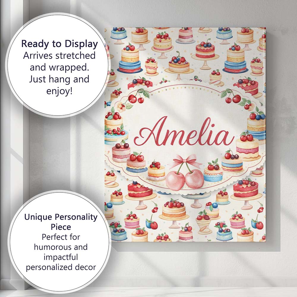 Personalised Name Pink Strawberry Cake Seamless Pattern Cute Dessert Custom Home Canvas Wall Art Print Decor Picture Ready to Hang