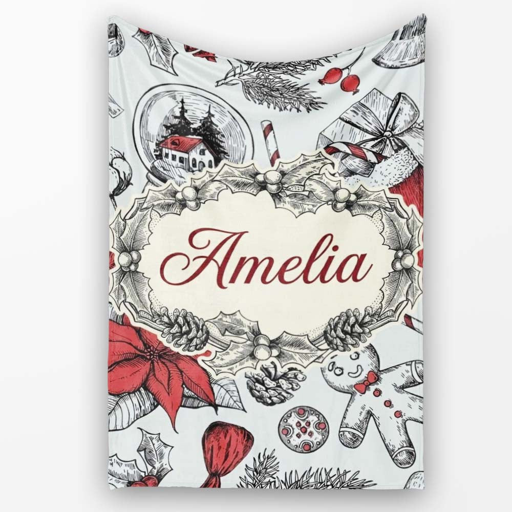 Vintage Christmas Sketch Stocking Candy Cane Seamless Pattern Lovely Personalised Custom Name Super Soft Fleece Blanket Bed Sofa Throw