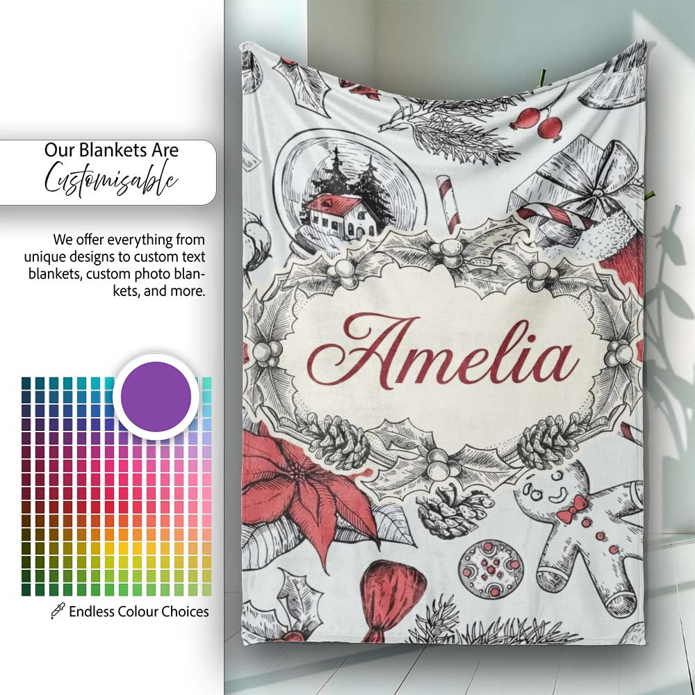 Vintage Christmas Sketch Stocking Candy Cane Seamless Pattern Lovely Personalised Custom Name Super Soft Fleece Blanket Bed Sofa Throw