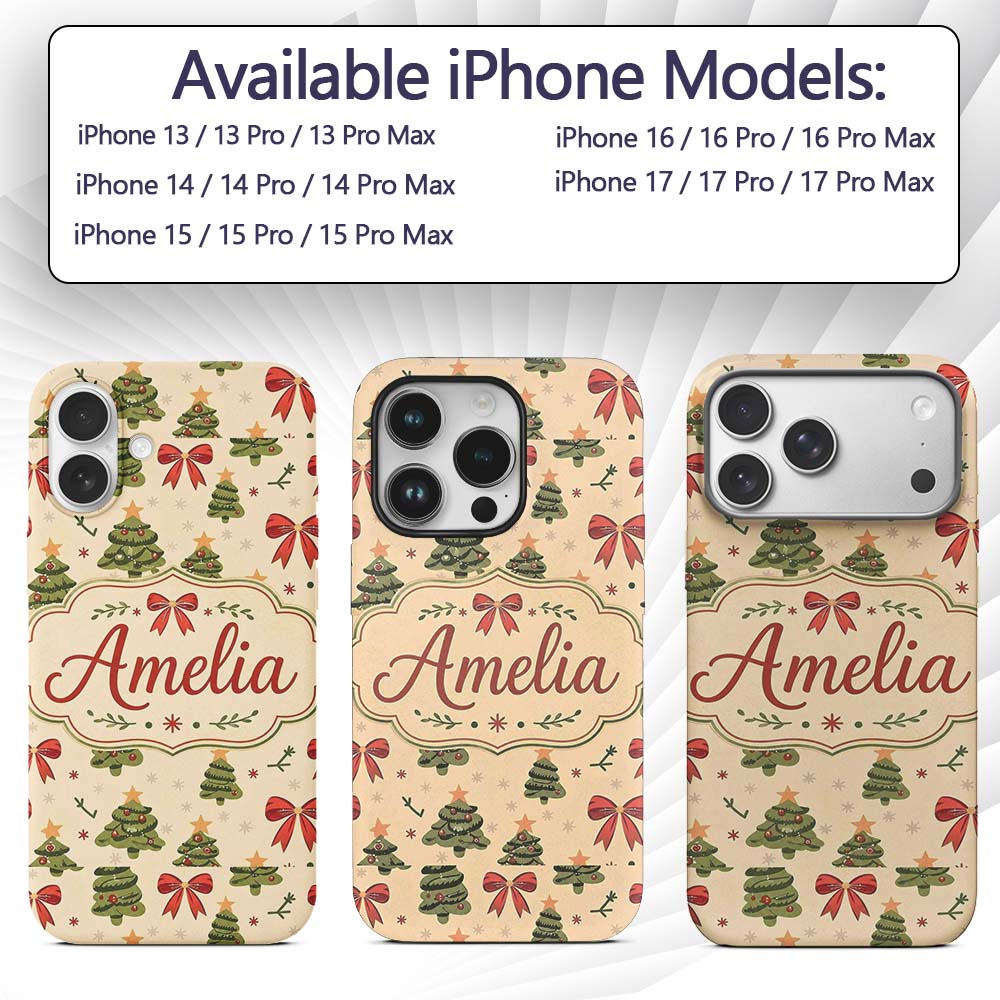Cute Christmas Trees Red Bows Festive Seamless Custom Name Protective Phone Case Mobile Cover Durable Everyday Smartphone Shock Resistant
