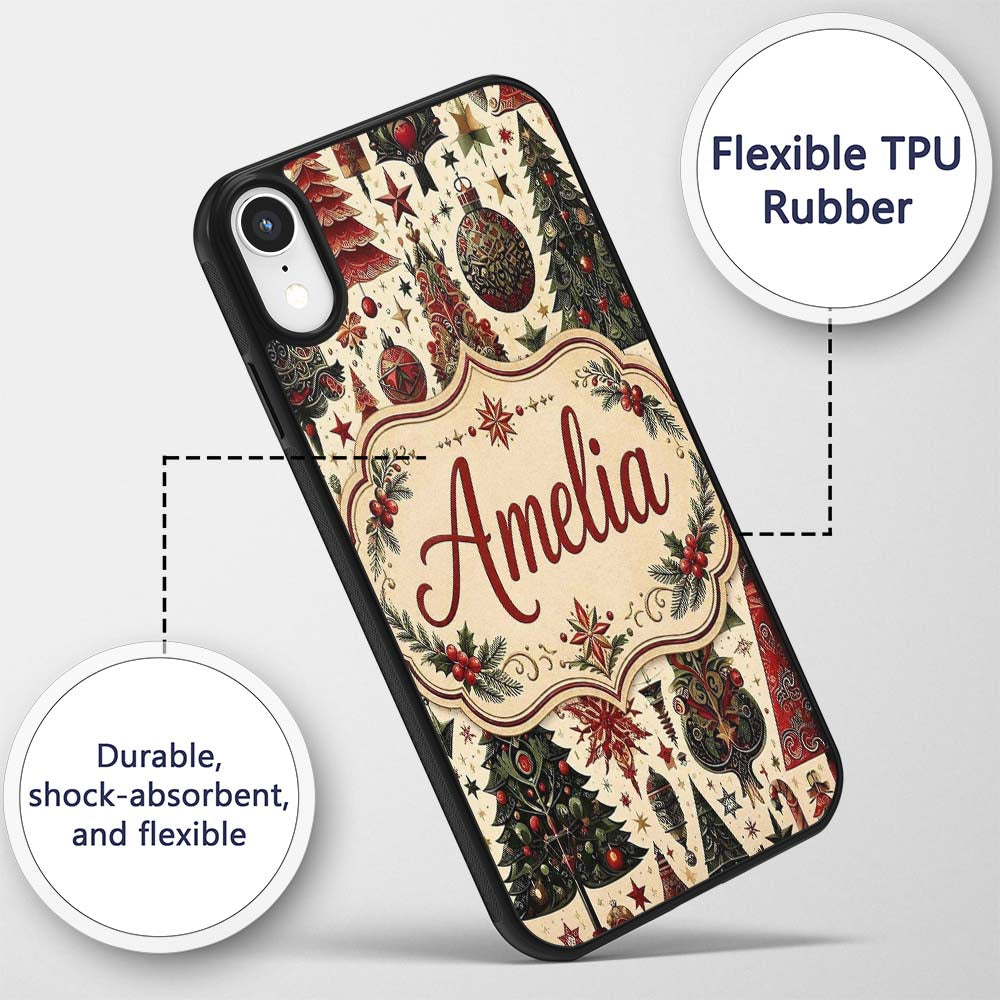 Ornate Christmas Trees Baubles Stars Vintage Custom Name Protective Phone Case Mobile Cover Durable Everyday Smartphone Shock Resistant