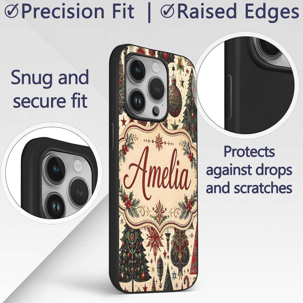 Ornate Christmas Trees Baubles Stars Vintage Custom Name Protective Phone Case Mobile Cover Durable Everyday Smartphone Shock Resistant