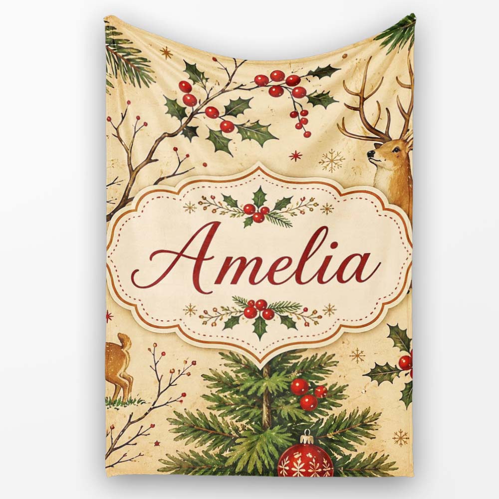 Winter Deer Forest Holly Berries Nature Seamless Pattern Lovely Personalised Custom Name Super Soft Fleece Blanket Bed Sofa Throw