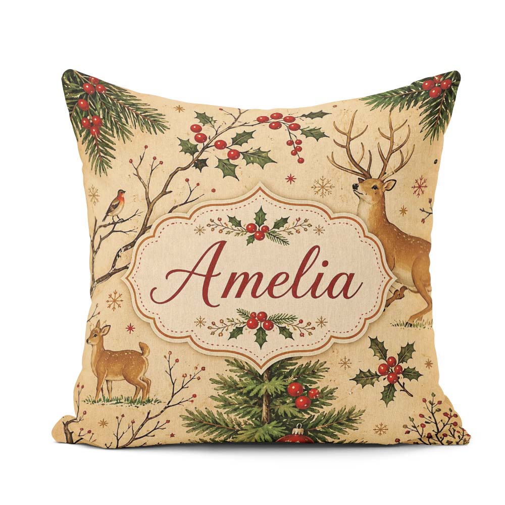 Custom Name Winter Forest Holly Berries Nature Seamless Pattern Square Filled Cushion Throw Pillow Sofa Bed Home Decor Zip Washable UK Made