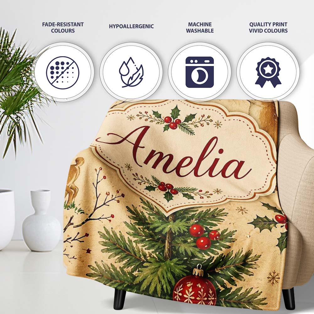 Winter Deer Forest Holly Berries Nature Seamless Pattern Lovely Personalised Custom Name Super Soft Fleece Blanket Bed Sofa Throw