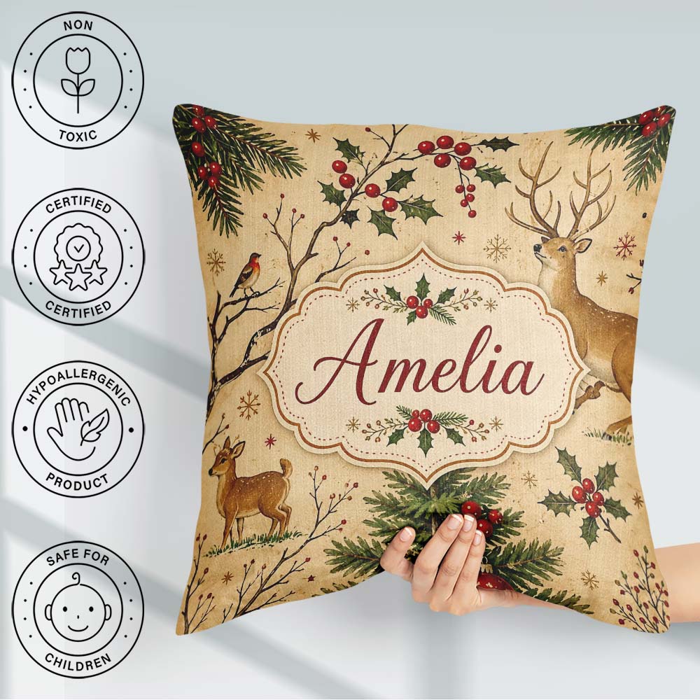 Custom Name Winter Forest Holly Berries Nature Seamless Pattern Square Filled Cushion Throw Pillow Sofa Bed Home Decor Zip Washable UK Made