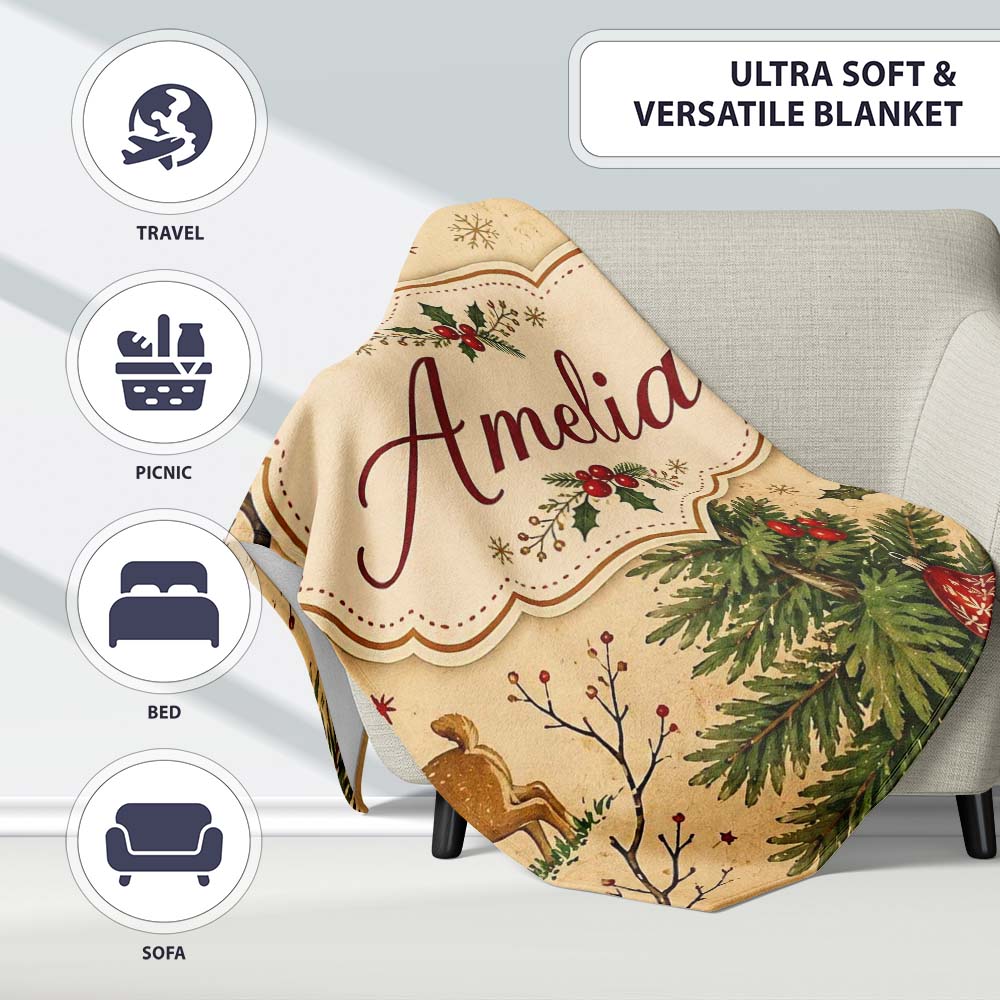 Winter Deer Forest Holly Berries Nature Seamless Pattern Lovely Personalised Custom Name Super Soft Fleece Blanket Bed Sofa Throw