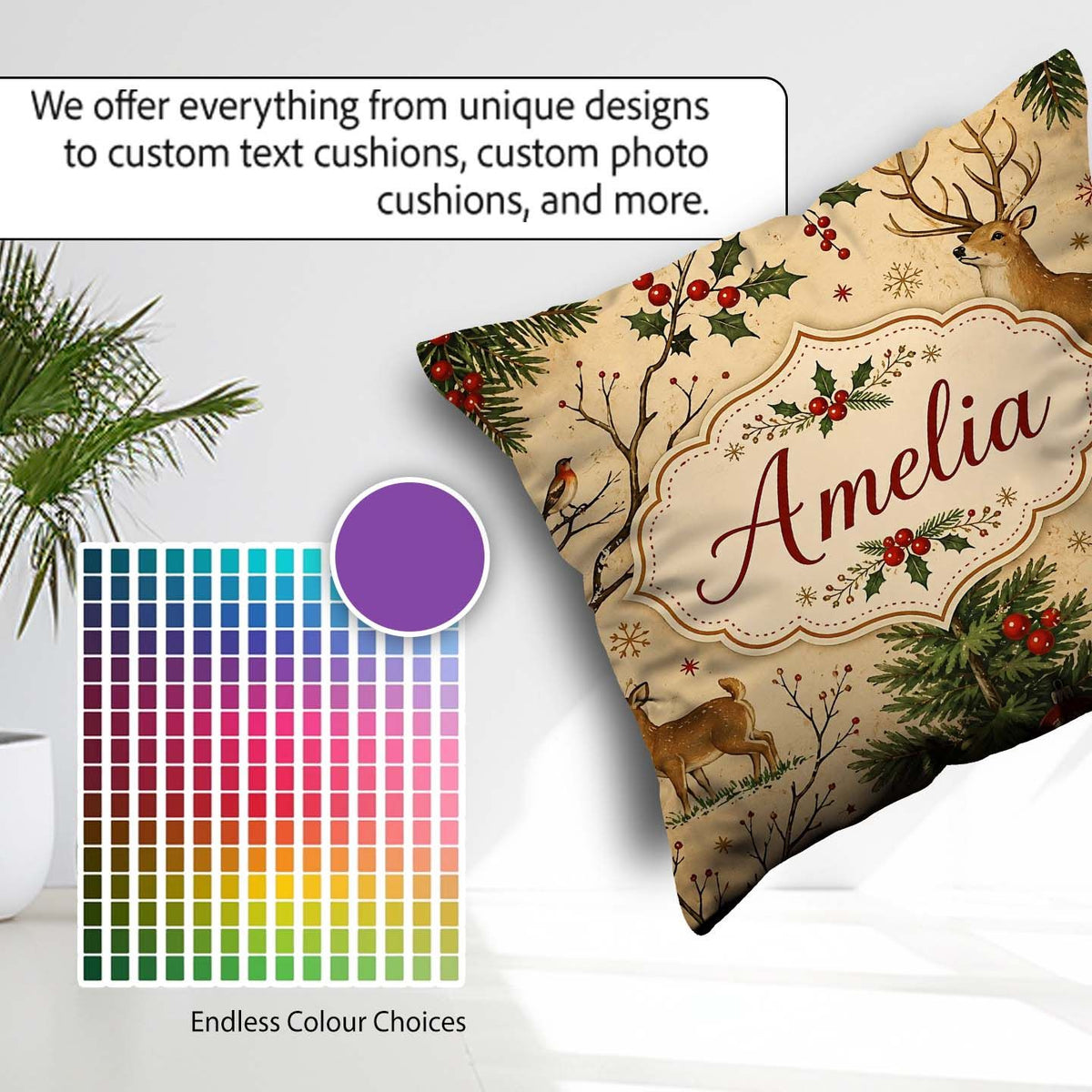 Custom Name Winter Forest Holly Berries Nature Seamless Pattern Square Filled Cushion Throw Pillow Sofa Bed Home Decor Zip Washable UK Made