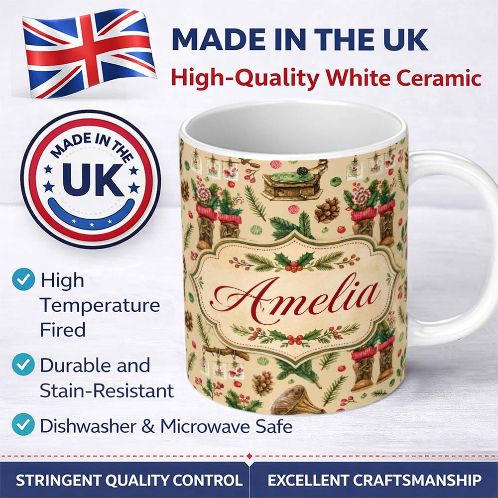 Personalized Custom Name Vintage Christmas Boots Candy Cane Gramophone Pinecone Seamless 11oz Ceramic Coffee Tea Mug White Large Handle