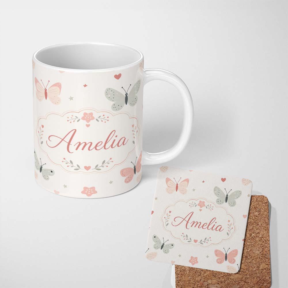 Personalized Custom Name Cute Pastel Butterflies and Hearts Minimal Seamless Pattern Lovely 11oz Ceramic Coffee Tea Mug White Large Handle